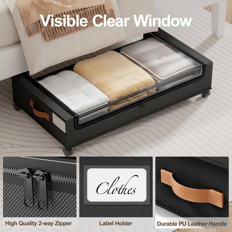 LAMU Under Bed Storage with Wheels, 2 Pack Under Bed Storage Containers with Clear Lid, XXL 60L Underbed Storage Bins, Rolling Under Bed Metal Drawers for Clothes, Blankets, Shoes, Black - Image 5