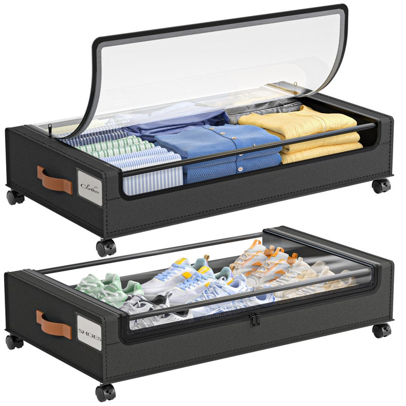 LAMU Under Bed Storage with Wheels, 2 Pack Under Bed Storage Containers with Clear Lid, XXL 60L Underbed Storage Bins, Rolling Under Bed Metal Drawers for Clothes, Blankets, Shoes, Black - Image 1