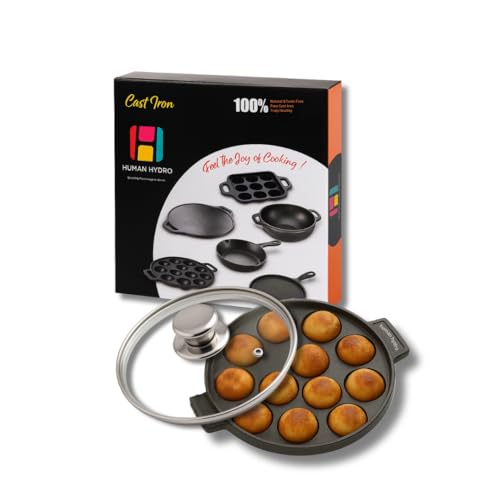 Human Hydro Pre-Seasoned Cast Iron Paniyaram Pan with Lid (12-Pit, 20 cm/8 Inch) | Non-Stick, 100% Natural & Non-Toxic | Appam Patra, Kuzhi Paniyarakkal, Paddu & More - Image 1