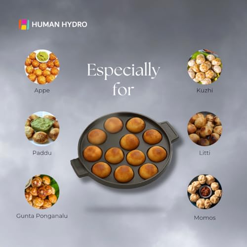 Human Hydro Pre-Seasoned Cast Iron Paniyaram Pan with Lid (12-Pit, 20 cm/8 Inch) | Non-Stick, 100% Natural & Non-Toxic | Appam Patra, Kuzhi Paniyarakkal, Paddu & More - Image 4