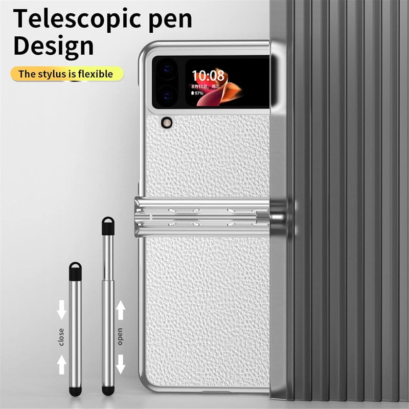 cheekyglo Galaxy Z Flip 4 Leather Case with Stylus and Two Hinges,Slim Plated Frame Design Protective Case for Samsung Galaxy Z Flip 4 5G, Heavy Duty Armor Design Wireless Charging Cover Phone Case (White) - Image 4