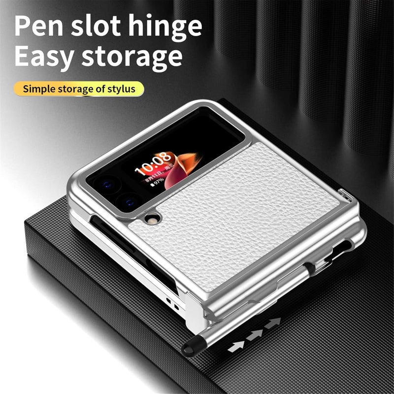 cheekyglo Galaxy Z Flip 4 Leather Case with Stylus and Two Hinges,Slim Plated Frame Design Protective Case for Samsung Galaxy Z Flip 4 5G, Heavy Duty Armor Design Wireless Charging Cover Phone Case (White) - Image 5