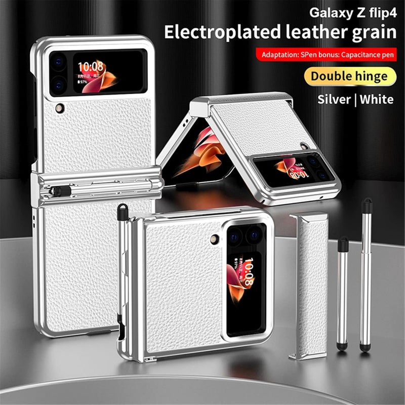 cheekyglo Galaxy Z Flip 4 Leather Case with Stylus and Two Hinges,Slim Plated Frame Design Protective Case for Samsung Galaxy Z Flip 4 5G, Heavy Duty Armor Design Wireless Charging Cover Phone Case (White) - Image 2