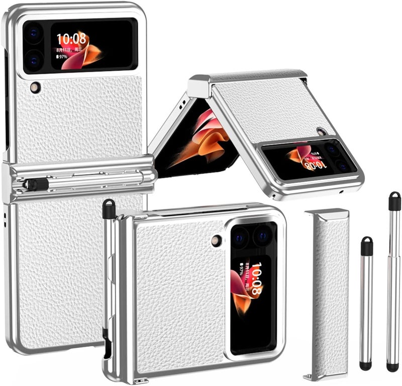 cheekyglo Galaxy Z Flip 4 Leather Case with Stylus and Two Hinges,Slim Plated Frame Design Protective Case for Samsung Galaxy Z Flip 4 5G, Heavy Duty Armor Design Wireless Charging Cover Phone Case (White) - Image 1