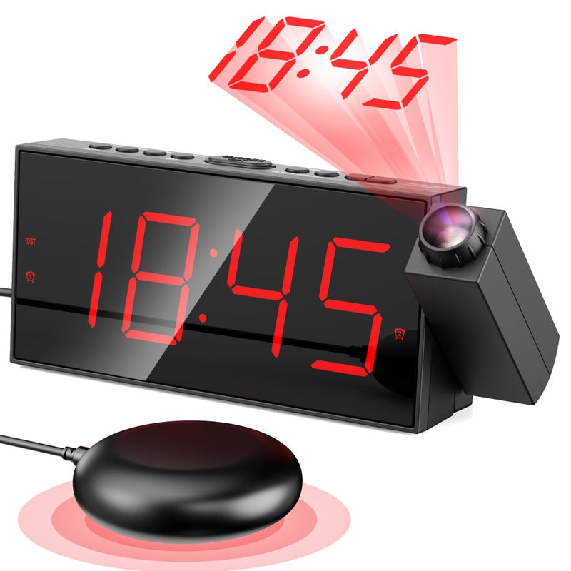 Mesqool - Projection Alarm Clock, Loud Vibrating for Heavy Sleepers, Adjustable Projection Brightness, Hearing Impaired and Deaf People, Digital Alarm Clock - Image 1