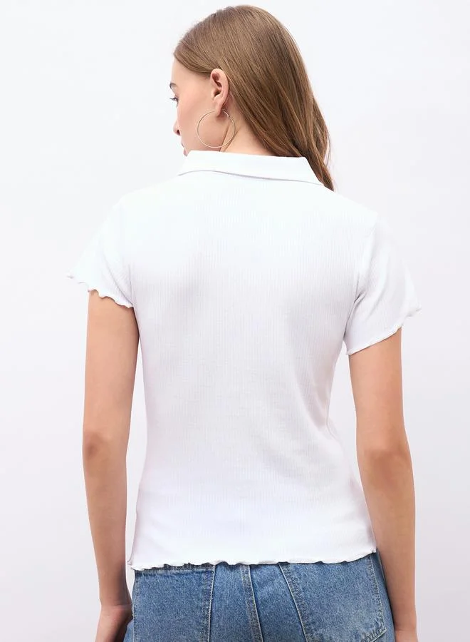 Styli Ribbed Lettuce Edge Detail Regular Fit Polo T-Shirt