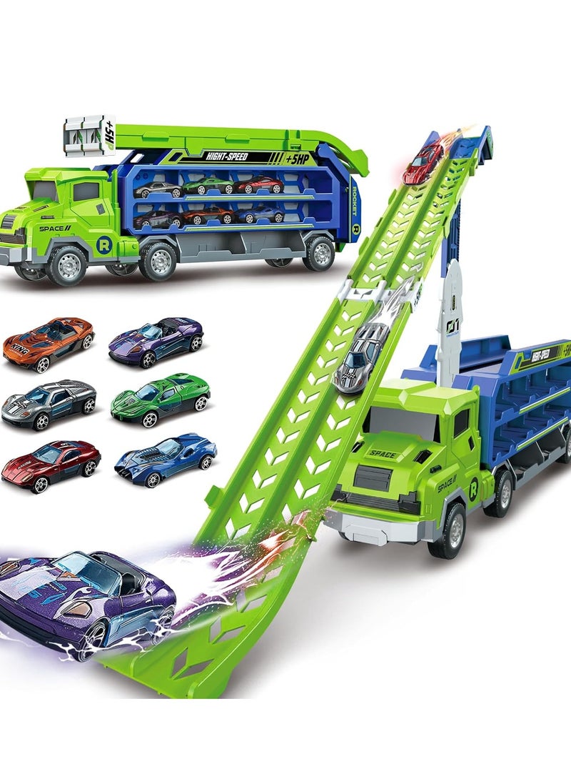 Race Car Track Toy Truck Toy Toddler Car Truck Toys Race Tracks Transport Car Carrier Toy with Foldable Slots  6 Die-Cast Race Cars Truck Toys Gifts for 3 4 5 6 7 8+ Year Old Boys Girls  - Image 1