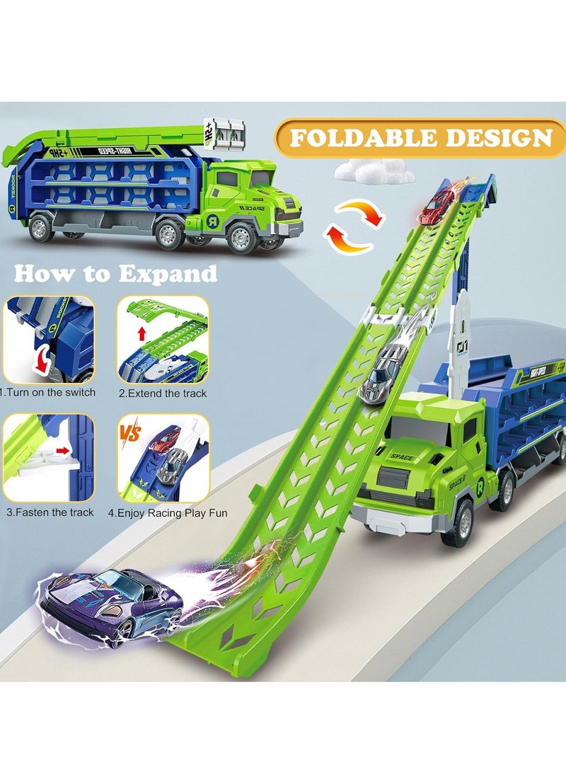 Race Car Track Toy Truck Toy Toddler Car Truck Toys Race Tracks Transport Car Carrier Toy with Foldable Slots  6 Die-Cast Race Cars Truck Toys Gifts for 3 4 5 6 7 8+ Year Old Boys Girls  - Image 2