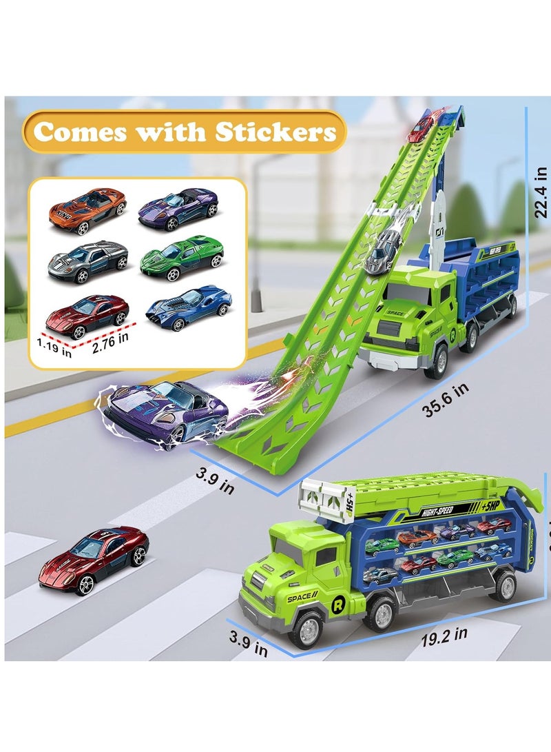 Race Car Track Toy Truck Toy Toddler Car Truck Toys Race Tracks Transport Car Carrier Toy with Foldable Slots  6 Die-Cast Race Cars Truck Toys Gifts for 3 4 5 6 7 8+ Year Old Boys Girls  - Image 3