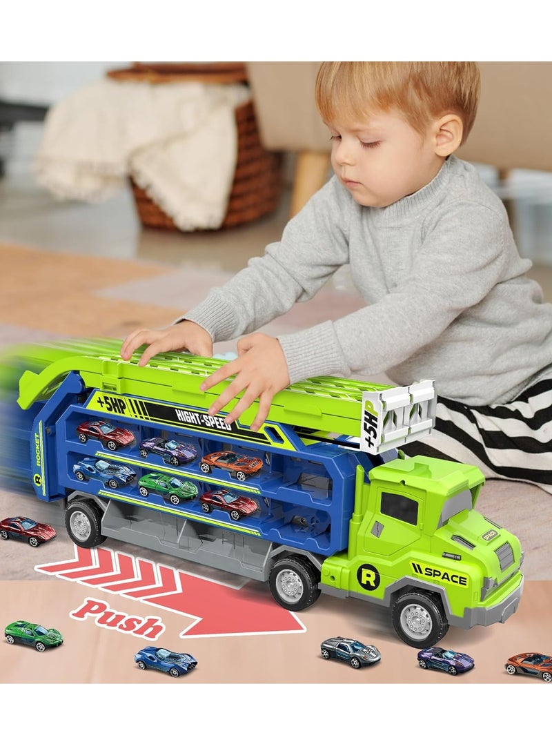 Race Car Track Toy Truck Toy Toddler Car Truck Toys Race Tracks Transport Car Carrier Toy with Foldable Slots  6 Die-Cast Race Cars Truck Toys Gifts for 3 4 5 6 7 8+ Year Old Boys Girls  - Image 4