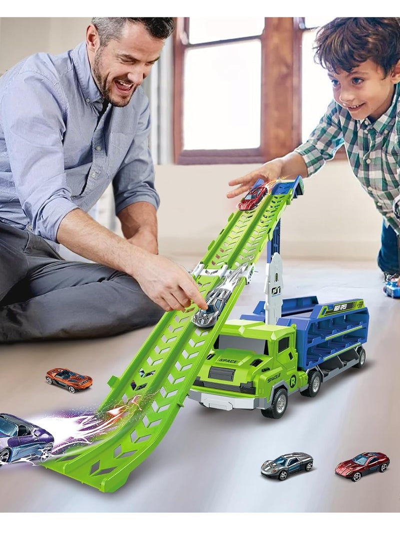 Race Car Track Toy Truck Toy Toddler Car Truck Toys Race Tracks Transport Car Carrier Toy with Foldable Slots  6 Die-Cast Race Cars Truck Toys Gifts for 3 4 5 6 7 8+ Year Old Boys Girls  - Image 5