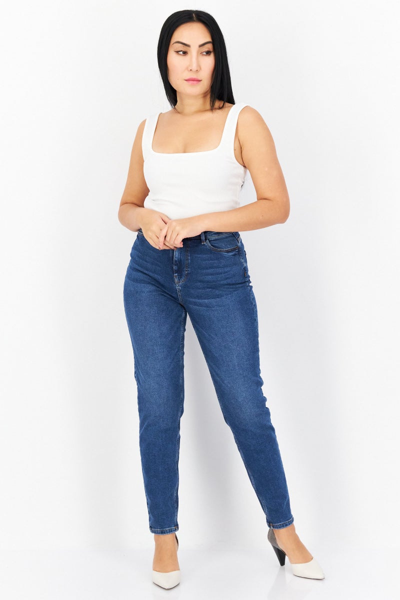 PIECES Women Mom Fit Washed Stretchable Jeans, Blue - Image 3