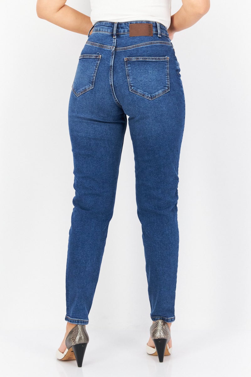 PIECES Women Mom Fit Washed Stretchable Jeans, Blue - Image 4
