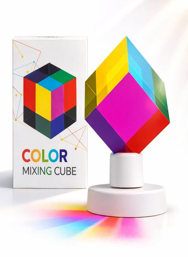 Twiddler Toys Color Mixing Cube with Display Stand - 2 Inch (50mm) Cyan, Yellow, & Magenta Acrylic Prism Optical Physics Desk Decor - Image 1