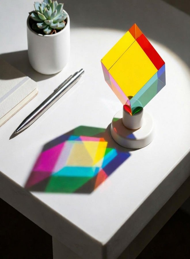Twiddler Toys Color Mixing Cube with Display Stand - 2 Inch (50mm) Cyan, Yellow, & Magenta Acrylic Prism Optical Physics Desk Decor - Image 2