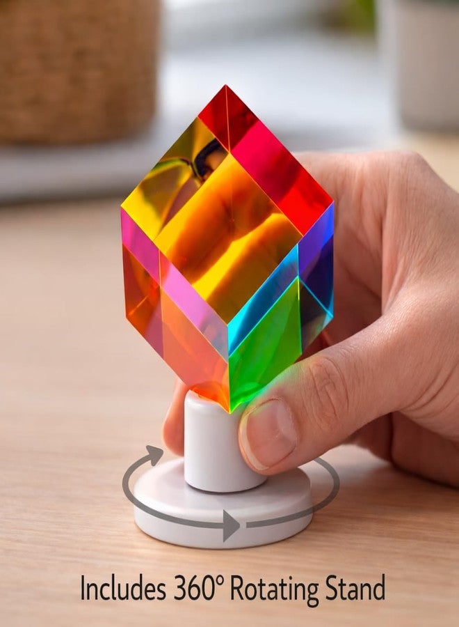 Twiddler Toys Color Mixing Cube with Display Stand - 2 Inch (50mm) Cyan, Yellow, & Magenta Acrylic Prism Optical Physics Desk Decor - Image 4