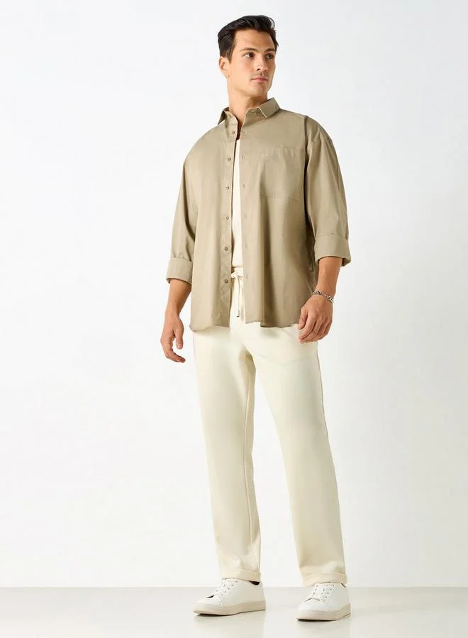 Iconic Iconic Solid Slim Fit Shirt with Pocket and Long Sleeves