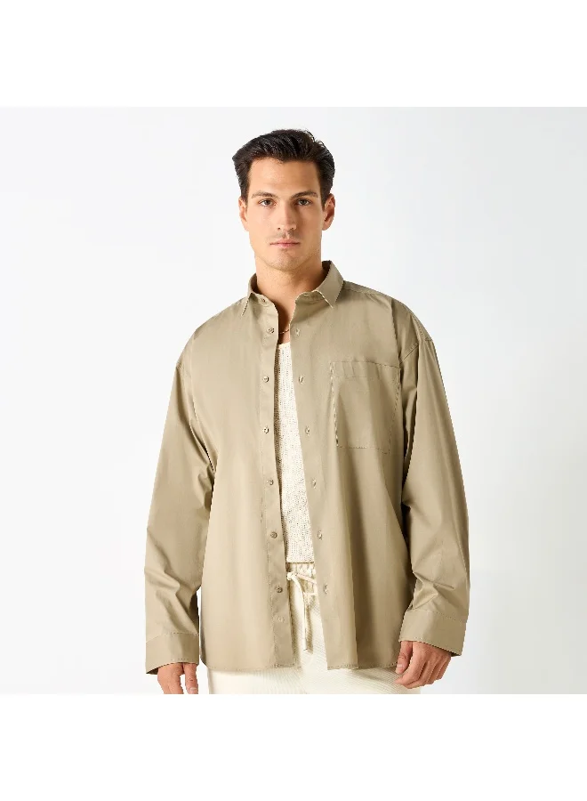 Iconic Iconic Solid Slim Fit Shirt with Pocket and Long Sleeves