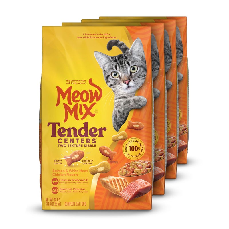 Meow Mix Tender Centers Salmon & White Meat Chicken Flavors Cat Food, 3 Pound (Pack of 4), Crunchy Outside Meaty Inside - Image 1