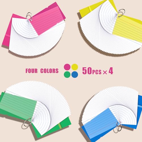 YIZUUN Index Cards 3x5, Flash Cards with Ring, 200 PCS, Ruled Note Cards, Flash Cards for Studying, 4 Packs of 50 sheets, 3x5 Note Cards for Office, Home, School - Image 4