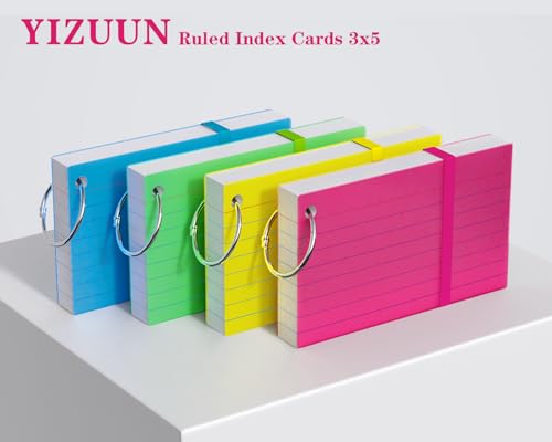 YIZUUN Index Cards 3x5, Flash Cards with Ring, 200 PCS, Ruled Note Cards, Flash Cards for Studying, 4 Packs of 50 sheets, 3x5 Note Cards for Office, Home, School - Image 3