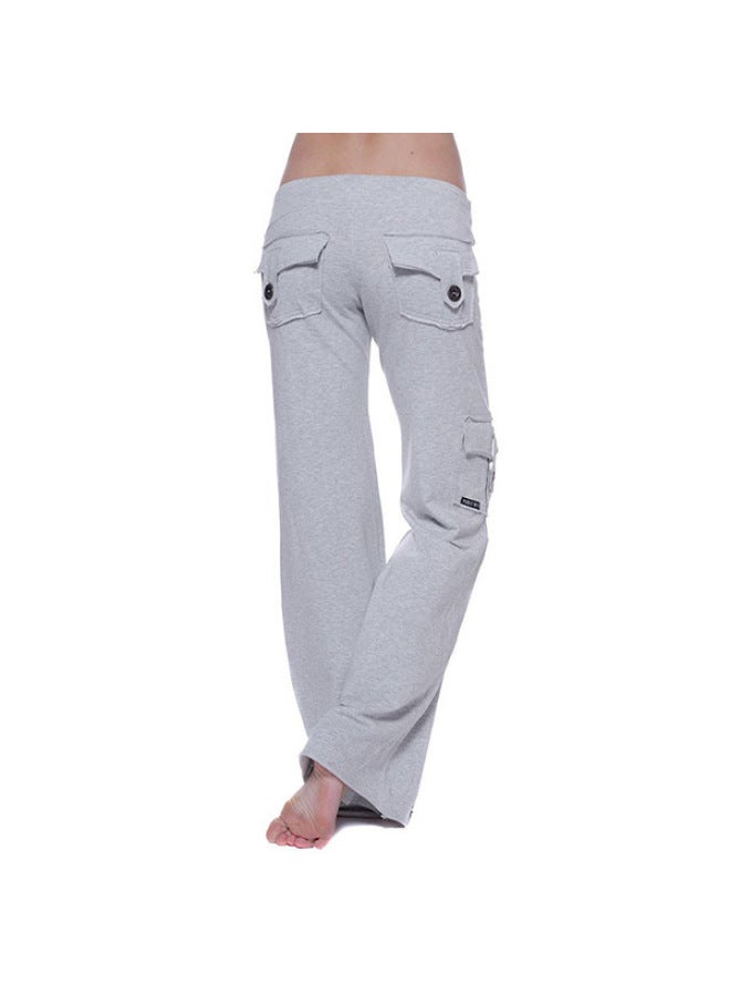 Fall European And American Solid Color Hot Elastic Waist Button Multi-pocket Yoga Pants