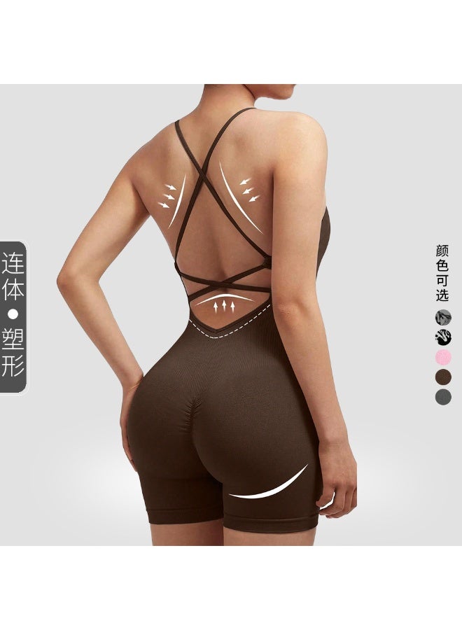 Seamless Yoga Jumpsuit Shaping High Stretch Yoga Suit Cross Vest Shoulder Strap Adjustable Yoga Jumpsuit Shorts - Image 1
