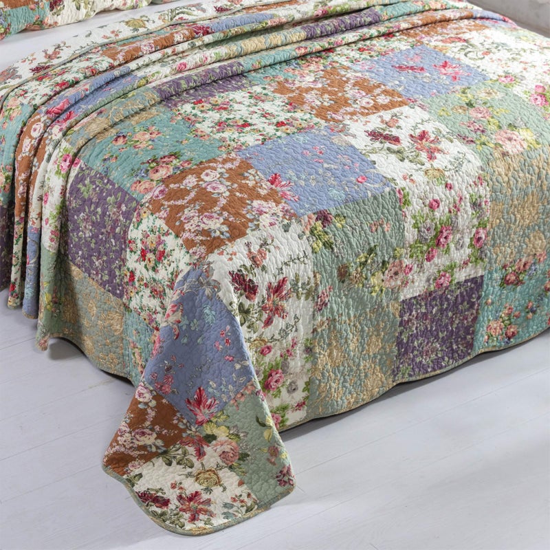 YAYIDAY Quilts Queen Size Patchwork Bedspread Set - 100% Cotton Reversible Breathable Floral Quilted Quilt with Pillow Shams Fit All Season - Image 4