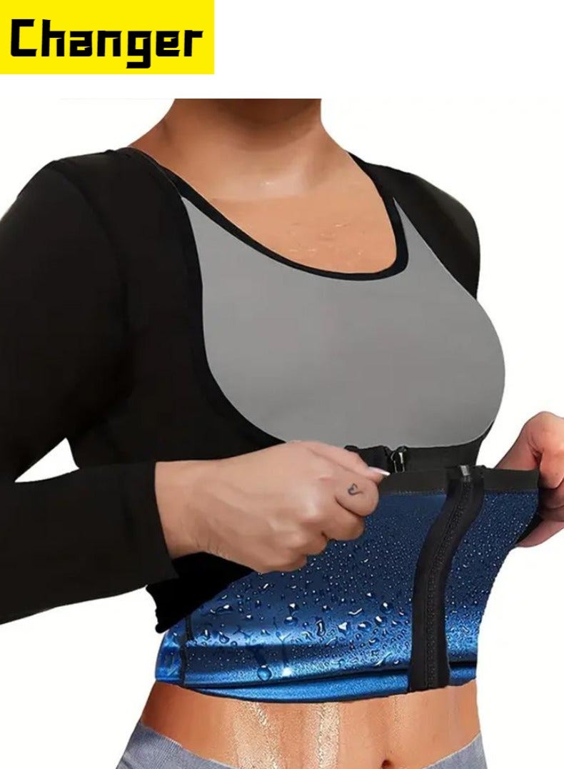 Changer Sauna Suit for Women Lower Belly Fat Sauna Slimming Sweat Body Shaper Jacket Hot Waist Trainer Sweat Belt Band Long Sleeve Zipper Shirt Workout Top, XL - Image 1