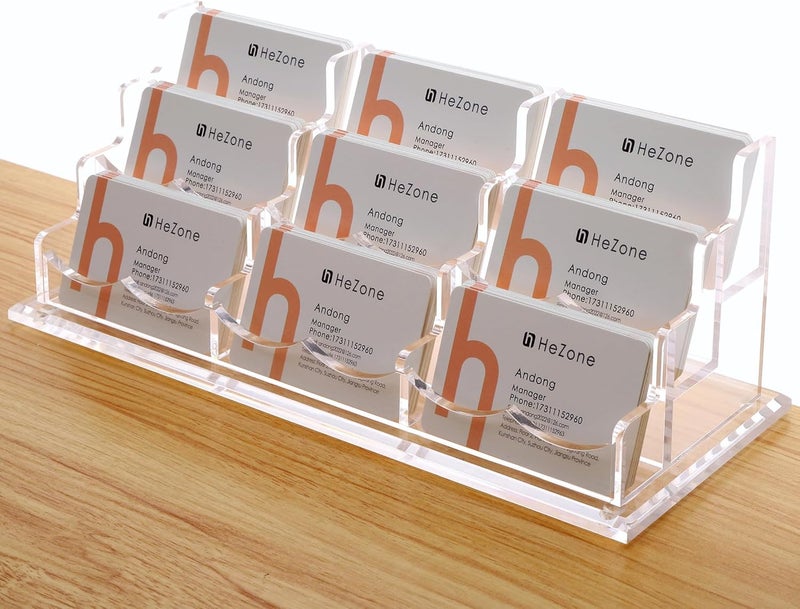 HeZone Business Card Holder for Desk, Multiple Cards Display Stand Rack for Women and Men, Clear Acrylic Card Organizer 9 Slot 3 Tiers - Image 1