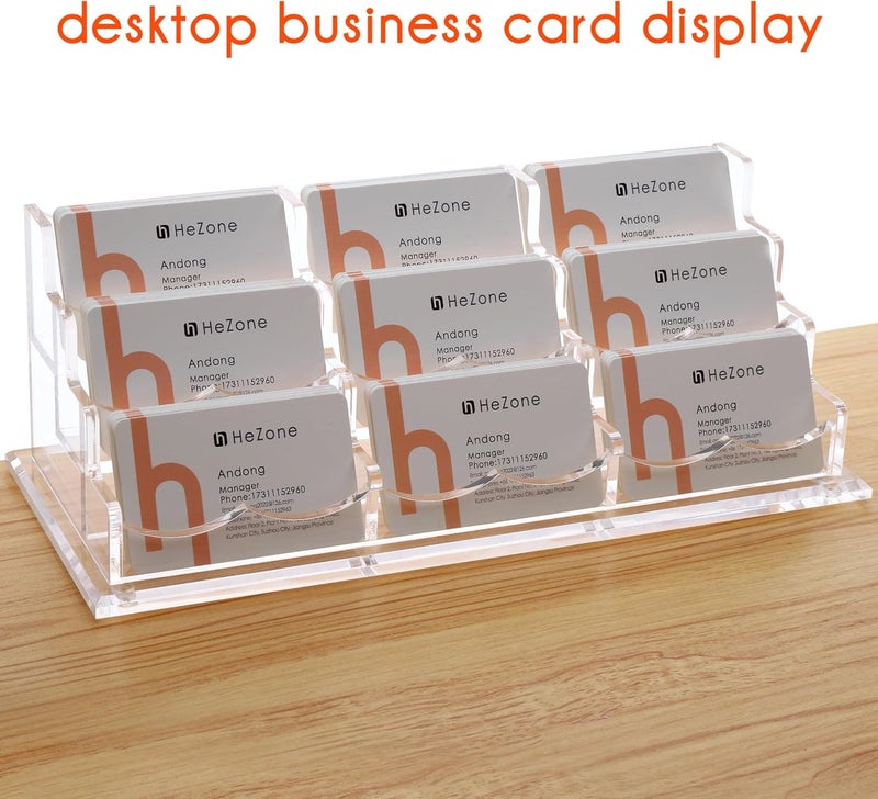 HeZone Business Card Holder for Desk, Multiple Cards Display Stand Rack for Women and Men, Clear Acrylic Card Organizer 9 Slot 3 Tiers - Image 2