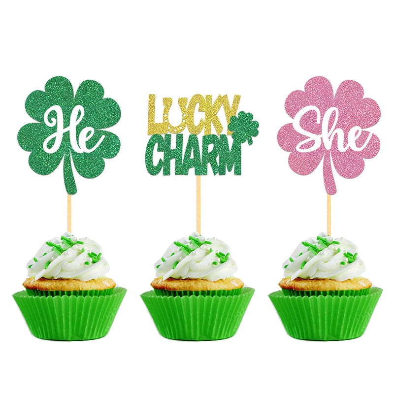 Moitkptt 24PCS St Patrick's Day He or She Cupcake Toppers for Gender Reveal Decorations  Boy or Girl Gender Reveal Cupcake Toppers forSt Patrick's Day Baby Shower Decorations (He/She) - Image 1