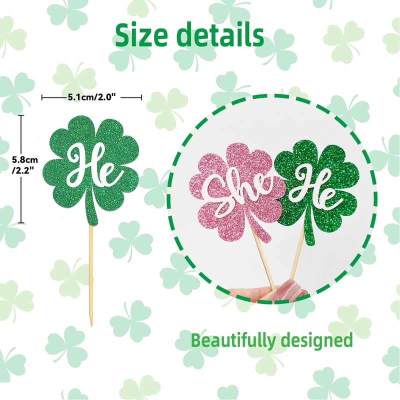 Moitkptt 24PCS St Patrick's Day He or She Cupcake Toppers for Gender Reveal Decorations  Boy or Girl Gender Reveal Cupcake Toppers forSt Patrick's Day Baby Shower Decorations (He/She) - Image 2