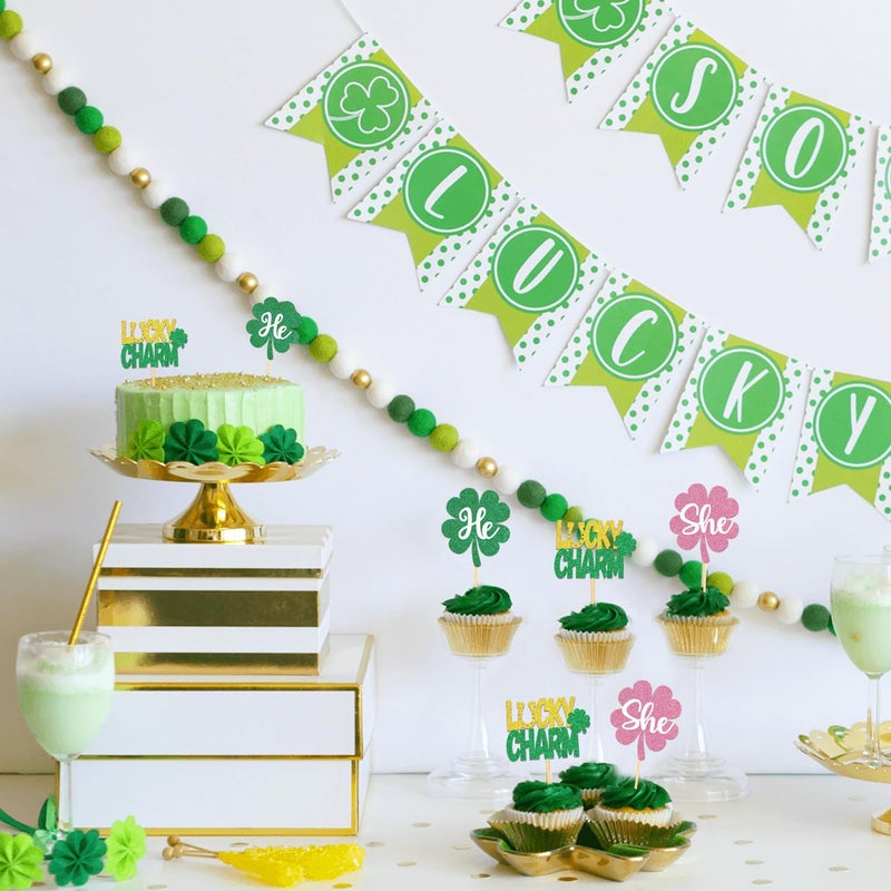 Moitkptt 24PCS St Patrick's Day He or She Cupcake Toppers for Gender Reveal Decorations  Boy or Girl Gender Reveal Cupcake Toppers forSt Patrick's Day Baby Shower Decorations (He/She) - Image 5