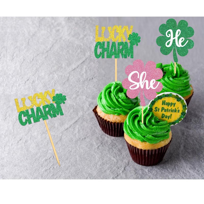 Moitkptt 24PCS St Patrick's Day He or She Cupcake Toppers for Gender Reveal Decorations  Boy or Girl Gender Reveal Cupcake Toppers forSt Patrick's Day Baby Shower Decorations (He/She) - Image 3