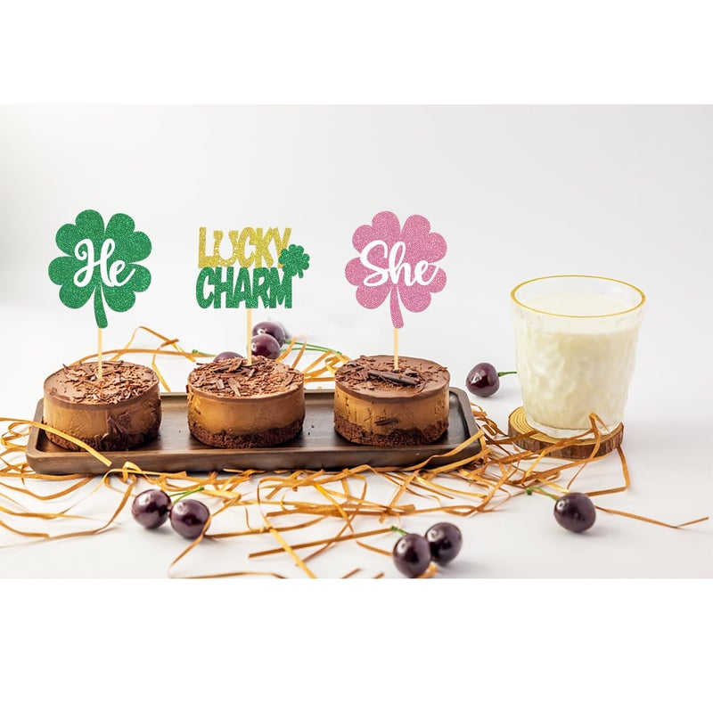 Moitkptt 24PCS St Patrick's Day He or She Cupcake Toppers for Gender Reveal Decorations  Boy or Girl Gender Reveal Cupcake Toppers forSt Patrick's Day Baby Shower Decorations (He/She) - Image 4