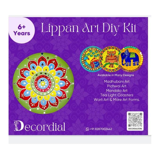 Decordial 8 inches Round MDF Lippan Art Materials kit with lippan Art Tools (1 pcs 8" lippan Art Board, Clay and Mirrors, lippan Art Painting Brush and Set of 6 Acrylic Colour - Image 1