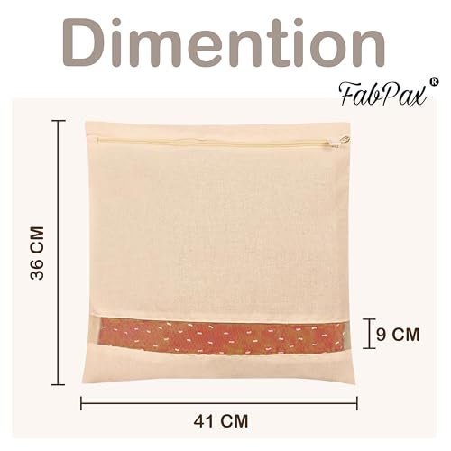 FabPax Set of - 6 Cotton Saree Bags/Covers For Storage, Single Saree Cover With Zip Closure, Bags For Clothes, Wardrobe Organizer With Transparent Mesh Window, Beige Colour (16 X 14 Inches) - Image 2