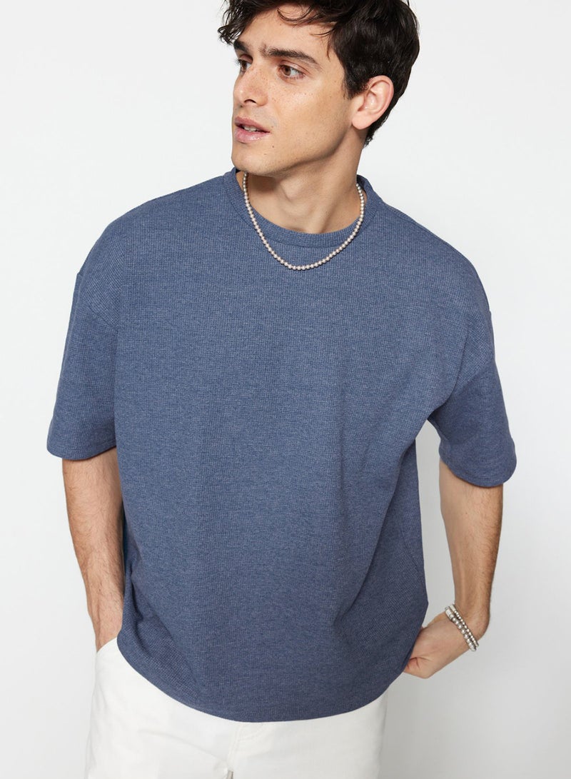 trendyol Indigo Oversize Fit Textured Waffle Short Sleeve T-Shirt TMNSS22TS00049 - Image 1