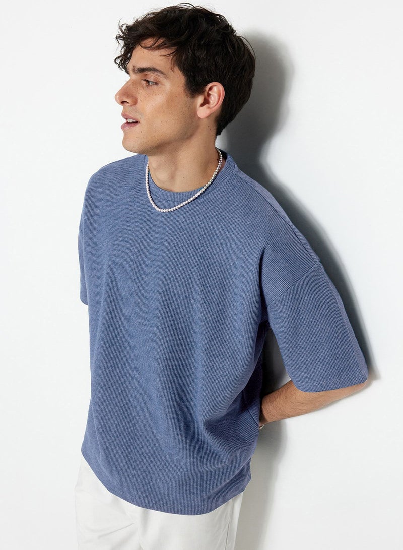 trendyol Indigo Oversize Fit Textured Waffle Short Sleeve T-Shirt TMNSS22TS00049 - Image 3