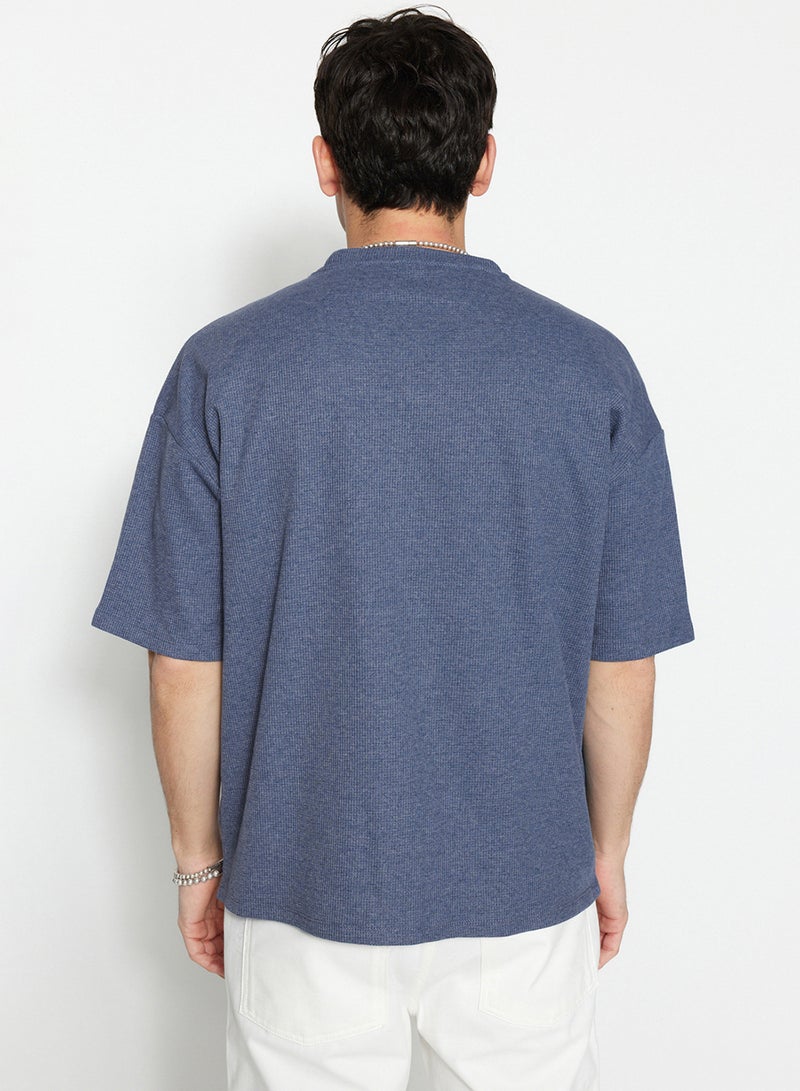 trendyol Indigo Oversize Fit Textured Waffle Short Sleeve T-Shirt TMNSS22TS00049 - Image 2