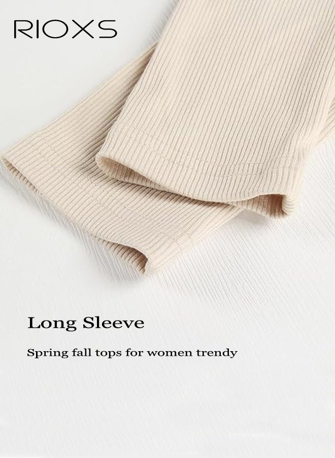 RIOXS Women's Long Sleeve Round Neck Rib Knit Cropped T Shirt, Trendy Slim Fit Solid Color Shirts for Ladies, Casual Basic Pullover Stretchy Tee, Soft Comfortable Spring Fall Outfits for Office, Party, School, Running, Sport, Gym and More, Beige - Image 5