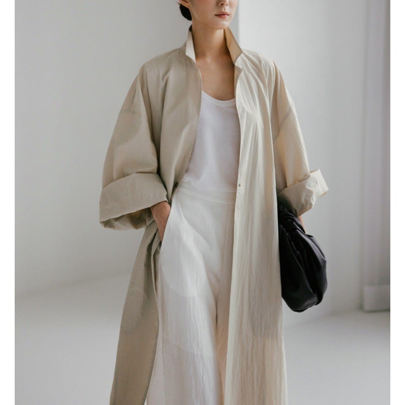 2023 New Autumn Korean chic Shirt Dress Over Knee Long Split bf Cotton Linen Coat Coat Apricot - Image 1