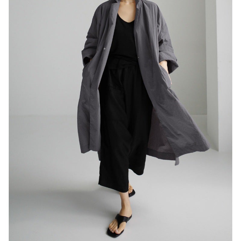 2023 New Autumn Korean chic Shirt Dress Over Knee Long Split bf Cotton Linen Coat Coat Apricot - Image 2