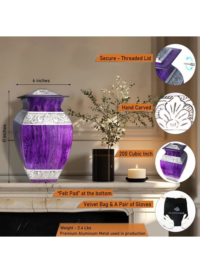 NANIURN Purple Texture Square Engraved Funeral Cremation Urns for Human Ashes Adult Female, Hand Painted Large Sized Urns, Display at Home or Niche at Columbarium, Aluminum Urns for Women & Men - Big - Image 2