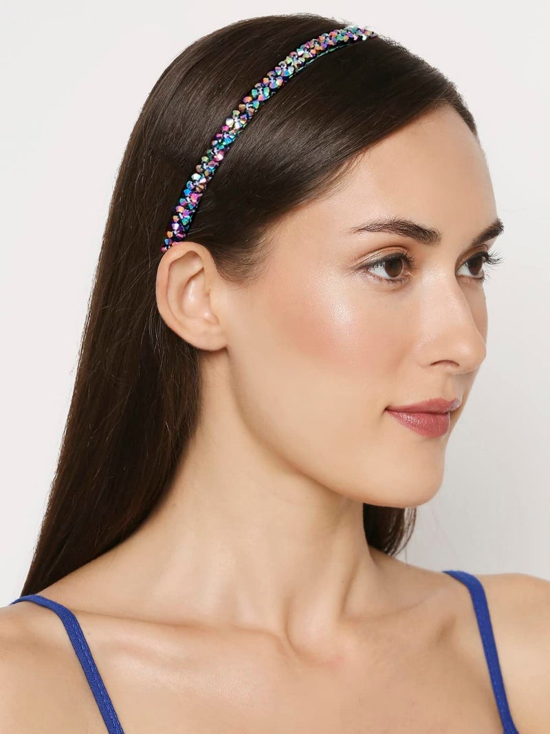 fabula Jewellery Combo of 3 Black Silver  Mettalic Multicolor Shimmer Crystal Studded Fashion Party Thin Hair Band Head Band For Women  Girls Stylish Latest HRO111251_AFR1 - Image 3