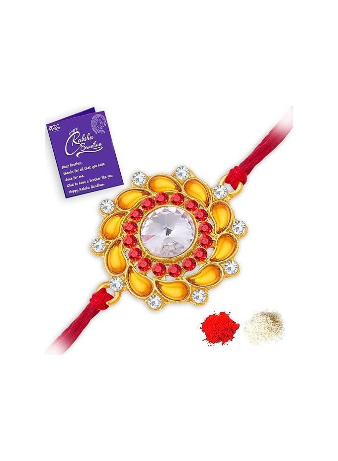 Sukkhi Rakhi Elegant Floral Kundan Designer Gold Plated Premium Rakhi for Brother With Roli Chawal and Greeting Card Rakhi for Bhaiya Rakhi for Men Kundan Rakhi - Image 1