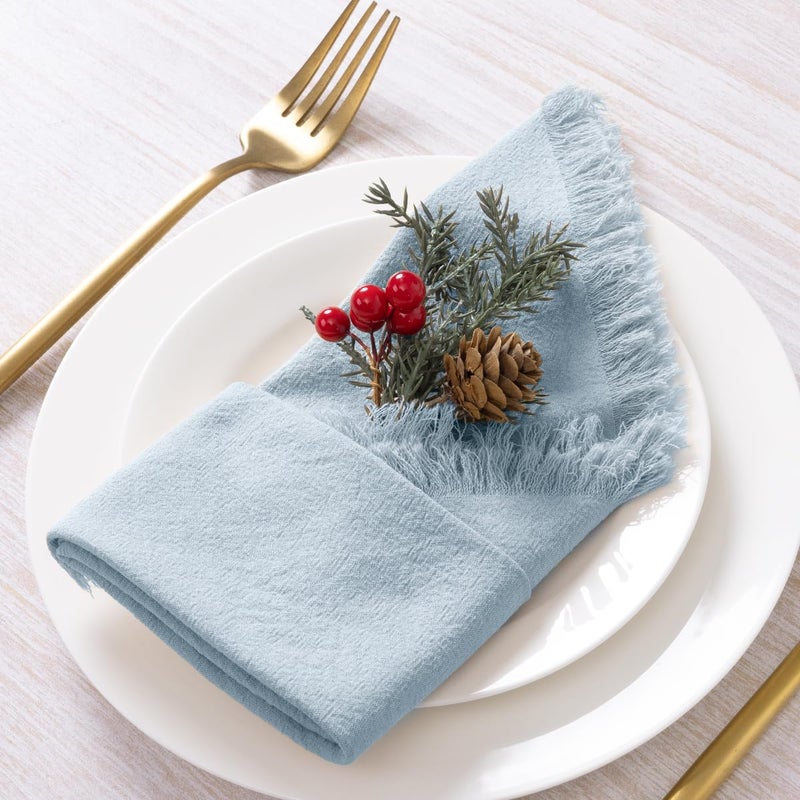 DeZerlor 12 Pack Gray- Blue Cotton Linen Napkins with Fringe Spring Easter Cloth Napkins Set of 12 Boho Handmade Dinner Napkins Bulk for Wedding Bridal Baby Shower Parties, 17 x 17 Inches - Image 5