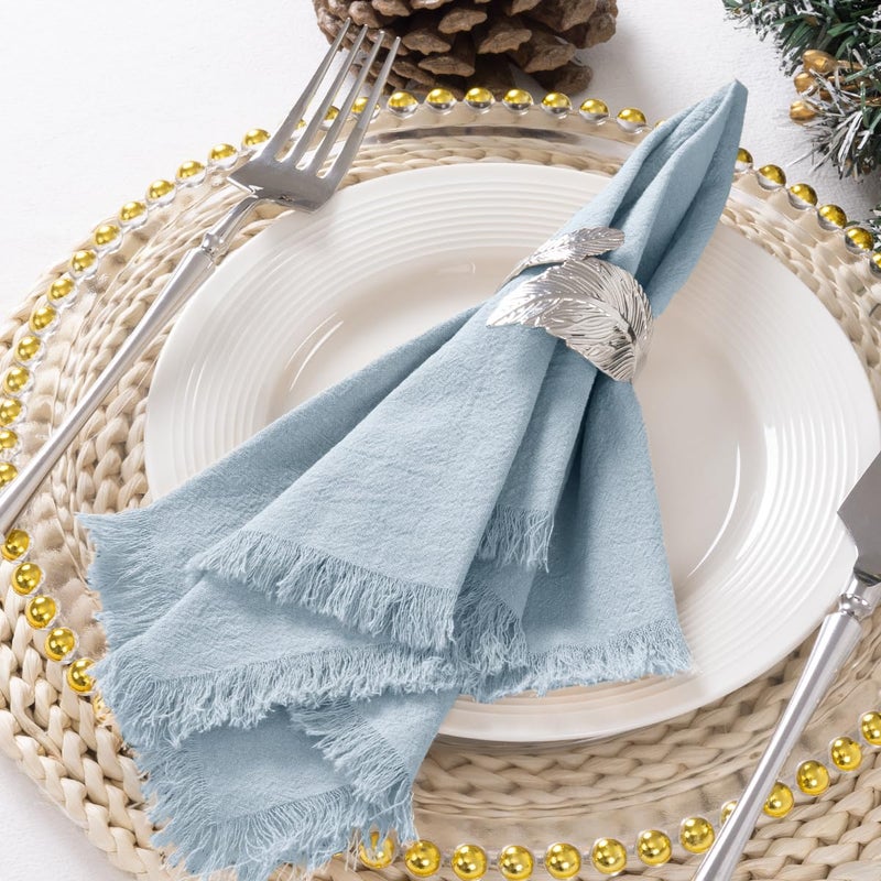 DeZerlor 12 Pack Gray- Blue Cotton Linen Napkins with Fringe Spring Easter Cloth Napkins Set of 12 Boho Handmade Dinner Napkins Bulk for Wedding Bridal Baby Shower Parties, 17 x 17 Inches - Image 4