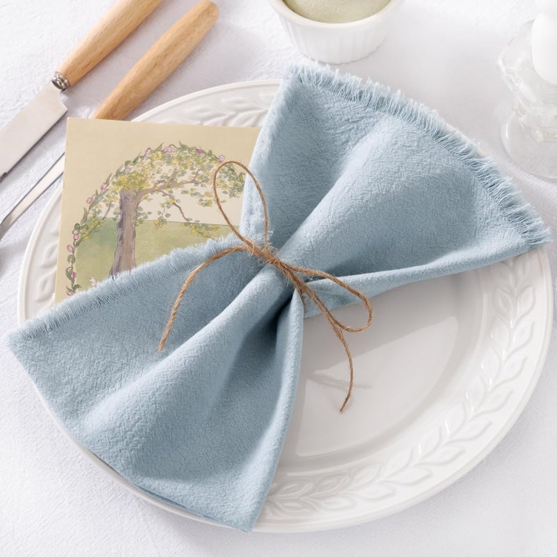 DeZerlor 12 Pack Gray- Blue Cotton Linen Napkins with Fringe Spring Easter Cloth Napkins Set of 12 Boho Handmade Dinner Napkins Bulk for Wedding Bridal Baby Shower Parties, 17 x 17 Inches - Image 3